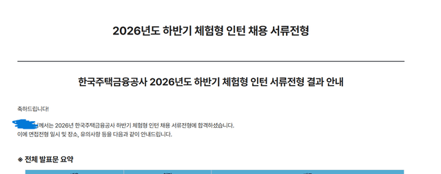 한국주택금융공사 인턴 서류 합격